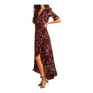 Lulus Wild Winds Burgundy Floral Print High-Low Wrap Dress Size XL Summer